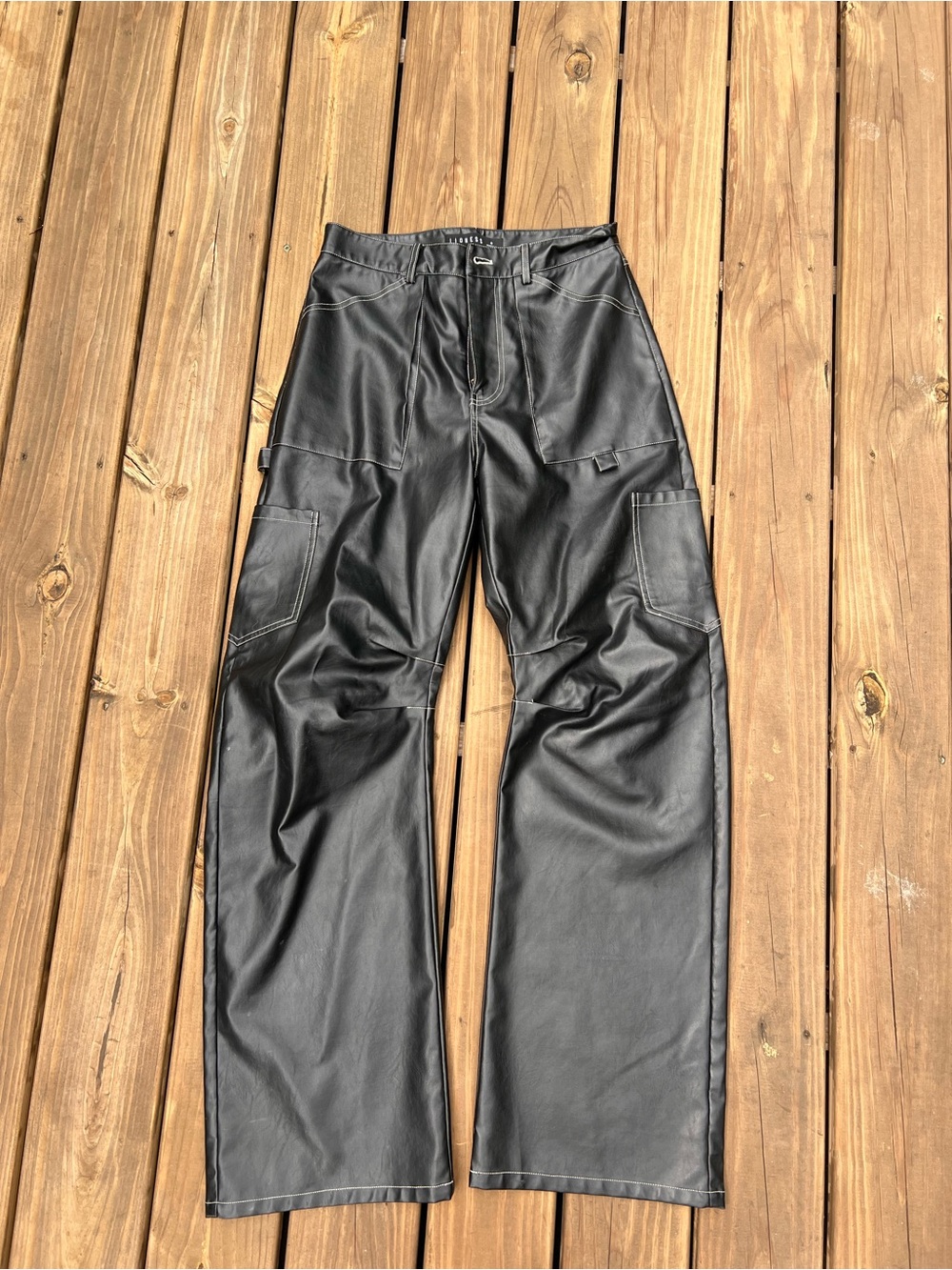 Lioness Black Faux Leather Wide Leg Cargo Pants